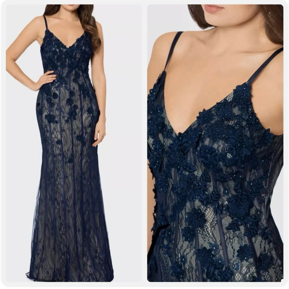 XSCAPE 3D Floral Lace Trumpet Sleeveless Gown